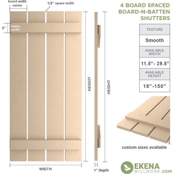 Rustic Four Board Spaced Board-n-Batten Smooth Faux Wood Shutters, 23 1/2W X 88H